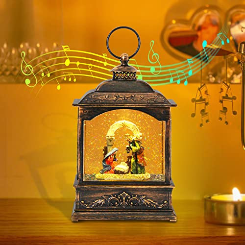 iLitLuk Wassergefüllt Wirbelnder Glitter Musikalische Laterne Krippenspiel Schneekugel Retro-Stil LED Wasserspinner Laterne mit 6-Stunden-Timer USB- und Batteriebetrieb 3D-Figuren aus Harz 20cm groß