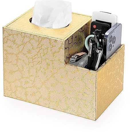 BTSKY PU Leather Square Tissue Box With Multi-Function Side Pocket Organizer For Remote Control Cosmetics Pen Pencil - Tabletop Cube Tissue Box Napkin Holder Storage Box, Gold