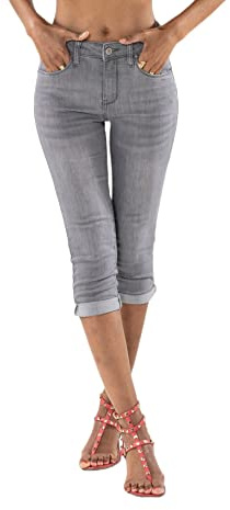 Nina Carter P132 Jean Capri Skinny Fit pour Femme Pantacourt Taille Haute Effet Usé et Lavage, Gris Clair (P132-7), XXL