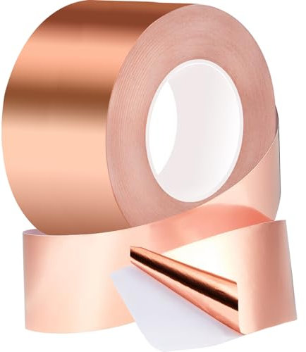 Rusoz Kupferband Gegen Schnecken,Kupferfolie Selbstklebend Einzelner Leitfaden Schneckenband Kupfer EMI Kapton Tape 20mx5cm für Gitarren, EMI-Abschirmung, Elektrische Reparaturen