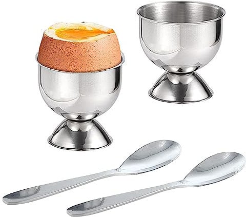 Egg Cup Set, 2 Pcs Stainless Steel Egg Cups with 2 Pcs Egg Spoons Metal Egg Cup Holder Easter Egg Cups for Soft Boiled Eggs