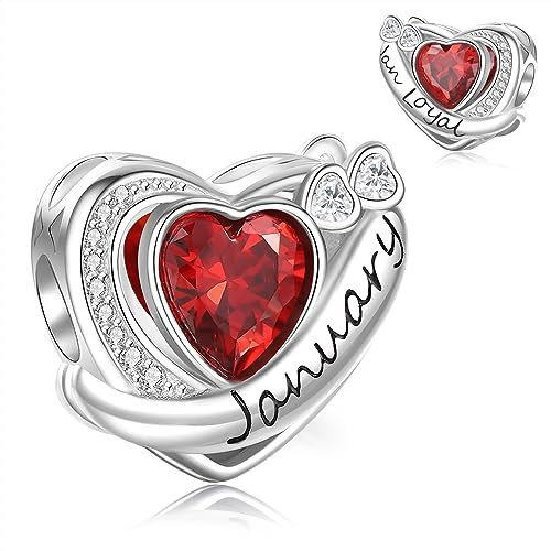 Symretie Charms Geburtsstein Januar Anhänger Charm aus 925er Sterlingsilber,Liebesherz-Anhänger mit Geburtsstein Geburtstagsgeschenke für Frauen