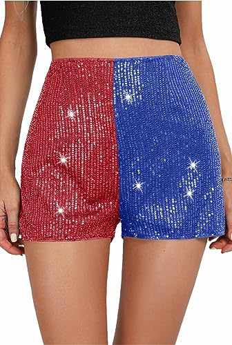 Pailletten-Shorts für Damen, hohe Taille, elastisch, gerades Bein, Hotpants, Party-Konzert, glitzernde Rave-Shorts, Rot/Blau, X-Klein