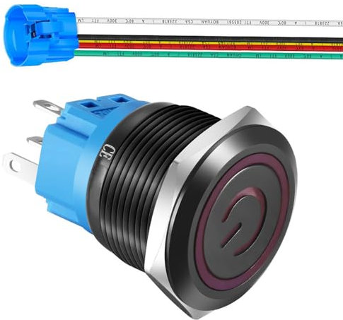 Gebildet Interruptor de Botón con Pestillo de Acero Inoxidable de22mm 110V-220V/5A símbolo de alimentación LED 1NO1NC SPDT ON Off Impermeable con Enchufe de Cable (LED Rojo/Carcasa Negra)