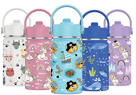 Mi Ko Mi Ka Botella de Agua para Niños de Acero Inoxidable 350ml - Térmica Reutilizable | Sin BPA | Mantiene 24H Frio / 12H Calor | Termo y Hermética - A Prueba de Fugas (Piratas)