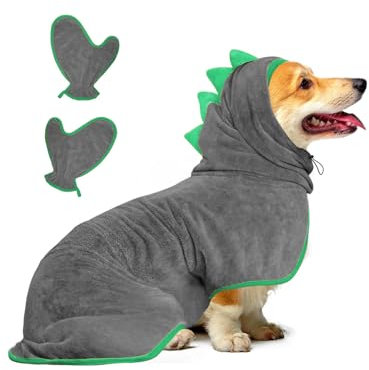 Hundebademantel Schnell Trocknend Badetuch aus Mikrofaser, Bibykivn Einstellbar Hundehandtuch mit Klettverschluss, Saugfähiger Hunde Bademantel mit Hut für Kleine Hunde (Grau grün, S)