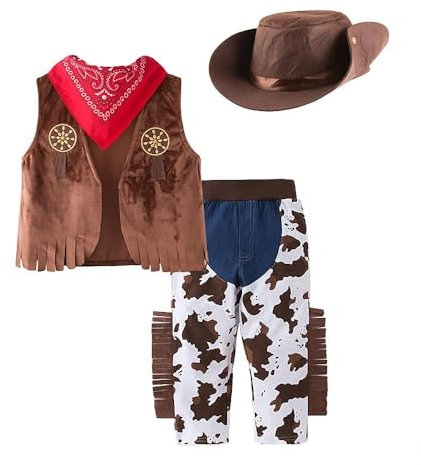 Lito Angels Deguisement Costume de Cowboy avec Bandana, Gilet et Chapeau pour Enfant Garçons Taille 7-8 ans, Brun (étiquette en tissu 140)