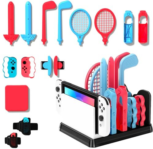OLDZHU Set di accessori sportivi 16 in 1 con organizer compatibile con Nintendo Switch & console OLED, 2024, per feste in famiglia, set di accessori per gioco