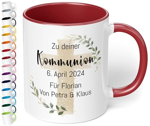 Christliches Geschenk: Tasse personalisiert „Zu deiner WUNSCHTEXT“ – Kreuz-Motiv – Keramik 330ml Geschenk Kommunion Konfirmation Firmung Taufe Mädchen Jungen (Bordeaux)