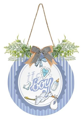 Exnundod Türschild mit Aufschrift It's A Boy, bedruckt, Kranz, Türhänger für Haustür, Neugeborene, Baby, Storch, runder Kranz, Schild für Tür, Veranda, Wanddekoration, 30,5 cm