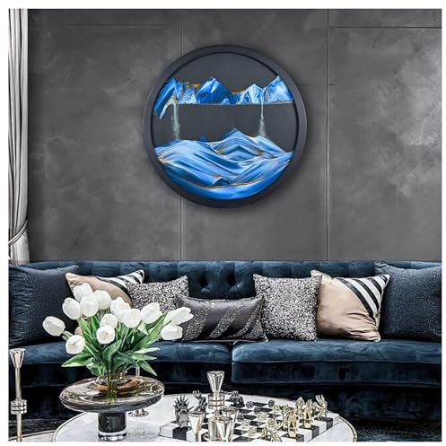 To.Heim Sandbilder Zum Drehen Wanddeko, Dynamisch 3D Sandbild mit 360 Paralleldrehung, Groß Sand Deko Rund Glas Natürliche Landschaft, Modern Deko Wohnzimmer Büro Schlafzimmer (44cm, blau Schwarz)