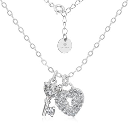 GETNEW Simulated Diamond Pave Lock Key Pendant Necklace, 18k White Gold Plated Necklace
