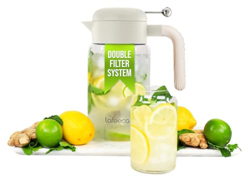 LAFEECA Iced Tea Maker and Infuser - Large Jug with Airtight Lid for Cold Brew - Stainless Dual Ultra Filter - Tritan Pitcher - 2000 ml / 68 oz - Dune