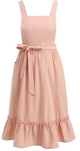 Odizli Kochschürze Damen Vintage Retro Rüsche Leinen Baumwolle Koch Schürze Frauen Küchenschürze Kittelschürze Rosa Einheitsgröße