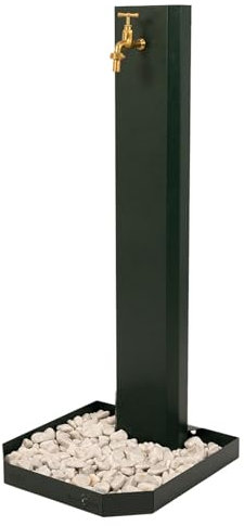 Fontana da Giardino Design a Colonna Ovale Rubinetto in Ottone e Base con Ciottoli Verde