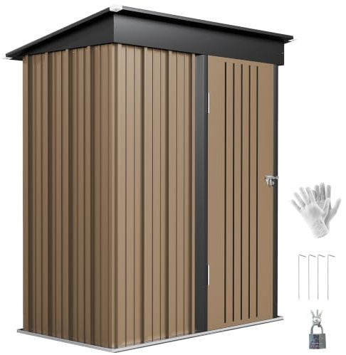 Outsunny 5x3ft Metal Garden Shed Lockable Brown with Foundation Kit | Outdoor Metal Shed, Gloves, Patio Tool Storage, Adjustable Shelf, Pent Roof, Lock and Gloves