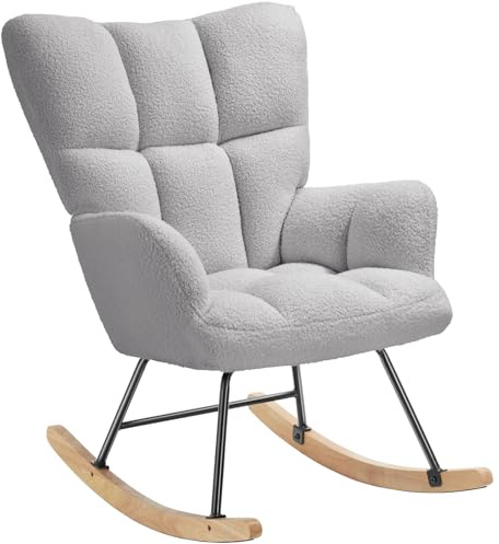 tectake® Skandi Schaukelstuhl, Sessel Wohnzimmer, Relaxsessel, Wohnzimmer Möbel Ohrensessel Vintage Look, Lesesessel, Schaukelsessel, Rocking Chair Babyzimmer, Schlafzimmer - hellgrau