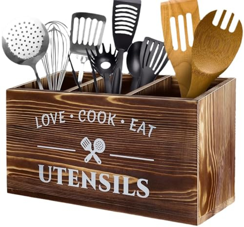 Wooden Utensil Holder, 3 Section Kitchen Counter Utensil Caddy Stand | Solid wood organiser with 3 compartments, holds spatulas, spoons, whisks and tongs, rustic countertop storage
