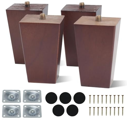 AWBEOT 4 PCS 8 cm Möbelfüße Holz, Möbelbeine aus Holz, Tischbeine Vierkant Möbelbeine, Massivholz Beine, Sofa Ersatzbeine, mit Montageplatten,Schrauben,Filzgleiter,für Bett,Schrank,Stuhl,Walnussfarbe