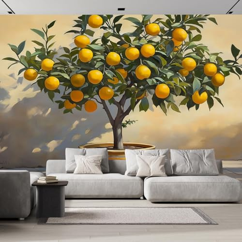 Fototapete Zitrone 200x140cm Seide Foto Tapete Pflanzenölgemälde XXL Wandtapete für Wohnzimmer Schlafzimmer Esszimmer Wanddekoration