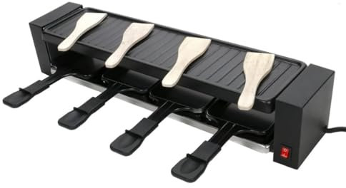 JUNG Raclette-Grill/Steingrill für 4 Personen, Partygrill, zum Grillen und Überbacken (Fleisch, Fisch, Gemüse), Grill Antihaftbeschichtet, 4 Pfännchen, starke 800W