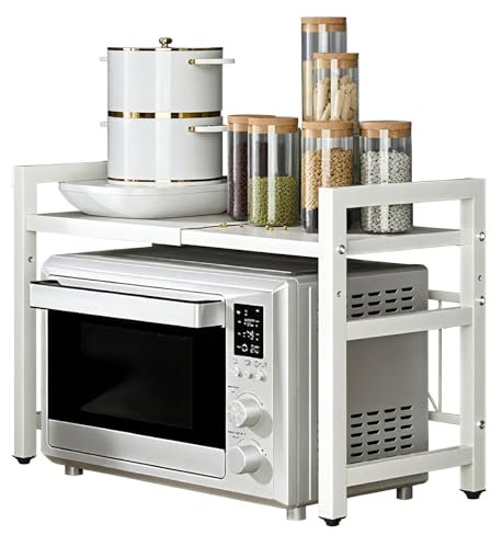 piorlado Verstellbares Mikrowellenregal mit Haken, 100 kg Kapazität, platzsparendes Küchenregal mit Aufbewahrungs-Organizer (G62-K49)