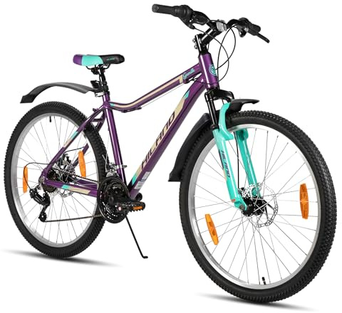Hiland Damen Mountainbike 26/27,5 Zoll, Aluminium Rahmen 18 Gang MTB für Frauen, Damen und Mädchen Mountainbike mit Doppelscheibenbremse Federgabel, Mintgrün/Lila