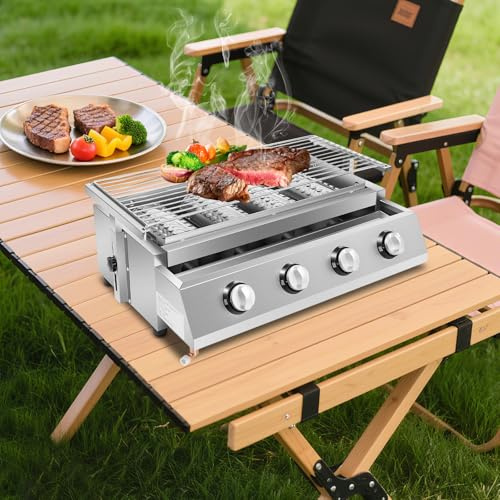 Barbecue a gas in acciaio inox, regolabile in altezza, senza fumo, con 4 bruciatori e griglie, per campeggio e picnic, 57 x 39 x 17,5 cm