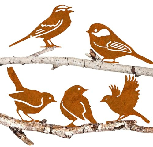 Rost Vogel Gartendeko für Draußen, 5er Rust Vögel Garten Deko Frühling, Gartenstecker Metall Roststecker Wetterfest, Vogel Baumstecker mit Schraube für Gartendekoration Bäume Pfähle oder Zäune