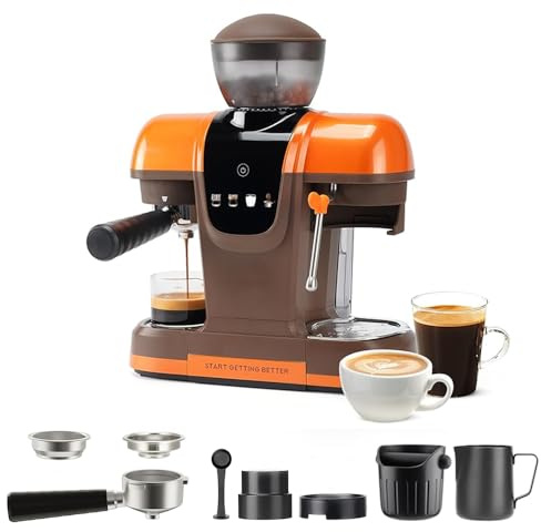 RECAFIMIL 19Bar Espresso Coffee Machine with Bean Grinder, 2 in 1 Coffee Maker for Ground Coffee, Cappuccino & Latte Maker with Milk Frother Wand, Touch Panel, Removable Tank (orange)