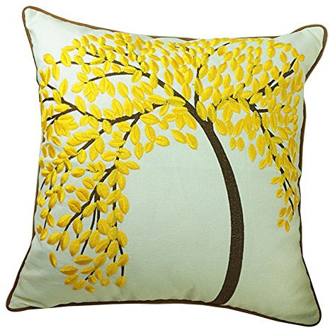 ZUODU Embroidery Cushion Cover 45cmx45cm Embroidered Cotton Linen Decorative Throw Pillow Cover Cushion Case Pillow Case - The Tree of Life (YELLOW with Frame)