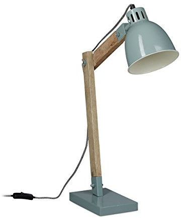 Relaxdays Schreibtischlampe Holz Skandinavisch, Vintage Holz-Design, HBT: 65 x 40 x 15 cm, Metallschirm, Leselampe, grau