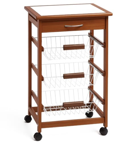 BAKAJI Carrello Cucina in legno con 3 Cestelli Acciaio e Ripiano Top in Ceramica Bianca Tavolino da Portata Servizio Multiuso con 4 ruote girevoli