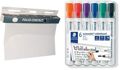Folio Contact Whiteboard: die patentierte elektrostatische Folie - wiederbeschreibbar & Staedtler Lumocolor 351 WP6 Whiteboard-Marker, Rundspitze ca. 2 mm Linienbreite