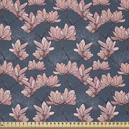 ABAKUHAUS Blumen Stoff als Meterware, Magnolia Blumen Japan, Microfaser Stoff für Dekoratives Basteln, 1M (230x100cm), Dunkelblau Korallenrot