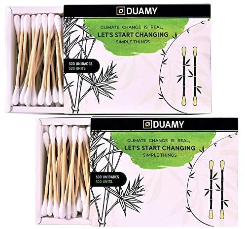 600 bastoncillos ecológicos de algodón y bambú naturales. 2 packs de 300 hisopos en cajas de cartón. Bastoncillos de bambú biodegradable y orgánico. Sin BPA y veganos. Palillos limpiadores de oídos.