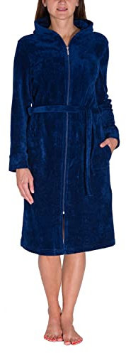 Aquarti Damen Bademantel Morgenmantel mit Reißverschluss Lang, Farbe: Dunkelblau, Größe: XL