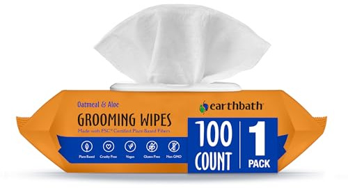 SEGMINISMART Earthbath Oatmeal & Aloe Grooming Wipes for Dogs and Cats, 100 Count, Vanilla & Almond Scented, Helps Relieve Itching