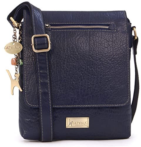 Catwalk Collection Handbags - Leder Umhängetasche Damen - Crossbody Bag/Messenger Bag Mittelgroß - Verstellbarer Schultergurt - ANJA - Blau