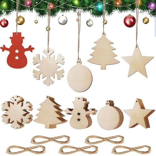 Heqishun 50PCS Wooden Christmas Decorations, Unfinished Wood Hanging Ornaments Slices with Hole, Wooden Christmas Tree Decoration Hanging Baubles for DIY Crafts and Xmas Party Decor
