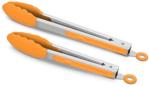 2 Pack Silicone Kitchen Tongs – 9 & 12 Set, Heat Resistant up to 500°F, Non‑Stick Cookware Safe, Wavy Silicone Tips, BPA Free, Locking Clip & Hanging Loop, Orange