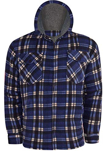 Whispering Jones London Mens Lumberjack Sherpa Fur Fleece Lined Hoodie Jacket Hooded Work Padded Shirt, Navy/Blue, M