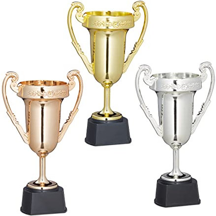 Relaxdays 6 x Pokal, Sport und Feste, Wanderpokal ohne Gravur, Kunststoff, Henkelpokal, HxBxT: 22,5 x 13,5 x 8,5 cm, Mehrfarbig