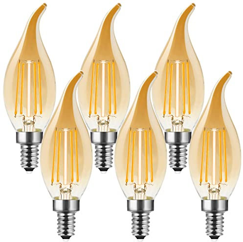 MZYOYO 6 Stück E14 4W Kerze LED Lampe,E14 Dimmbar Warmweiß Kerzenform Glühbirne,Retro Kerzenlampe für Kronleuchter,4W ersetzt 35W,Vintage Filament Fadenlampe,2700K,Glas,Dimmbar,Amber,Energieklasse F