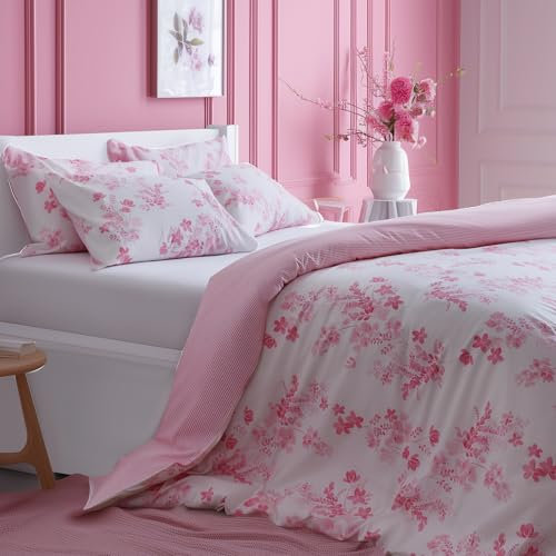 LERUUM Bettwäsche 155x220cm Baumwolle Sommer Blumen Streifen Motiv Rosa Weiß Reversibel Bettbezug Set mit 1 x Kissenbezug 80x80