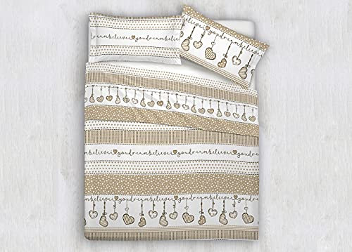 Bettwäsche-Set aus Baumwollflanell, Weihnachtsmotive, Rentier, Herzen, Einzelbett, Beige