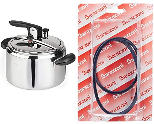 Barazzoni Pentola a Pressione Amelia+, ø22cm, capacità 5Lt, Made in Italy, Inox 18/10, Acciaio e Nero & Ricambi Blister Guarnizione 5-7-9 Litri, Gomma, Nero, 22 cm
