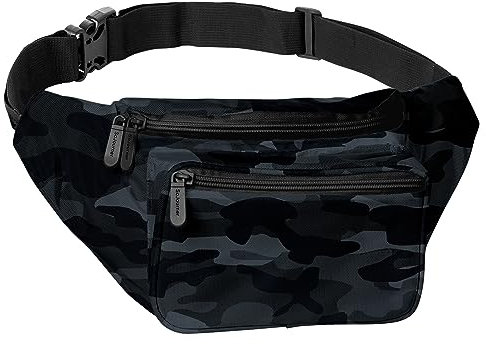 Gürteltasche – Crossbody-Hüfttasche für Damen oder Herren – freihändig, wasserdicht, große Bauchtasche zum Wandern, Laufen und Reisen, Schwarz Camouflage, One-Size, Bauchtasche