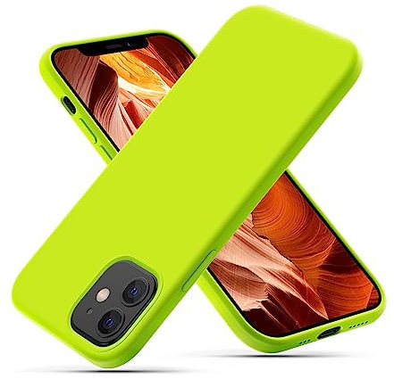 CALOOP Slim-Fit for iPhone 12/12 Pro Case,Skin Soft Liquid Silicone,Sturdy Hard Frame Shockproof Cover with Anti-Scratch Microfiber Lining,Full Protection for Screen and Lens,6.1,Fluorescent Green