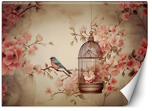 Feeby Papier Peint Intissé Shabby Chic Rétro Vintage 250x175 cm rose XXL Moderne Décoration Murale Tableaux Muraux Tapisserie Salon Chambre à coucher Oiseaux Fleurs